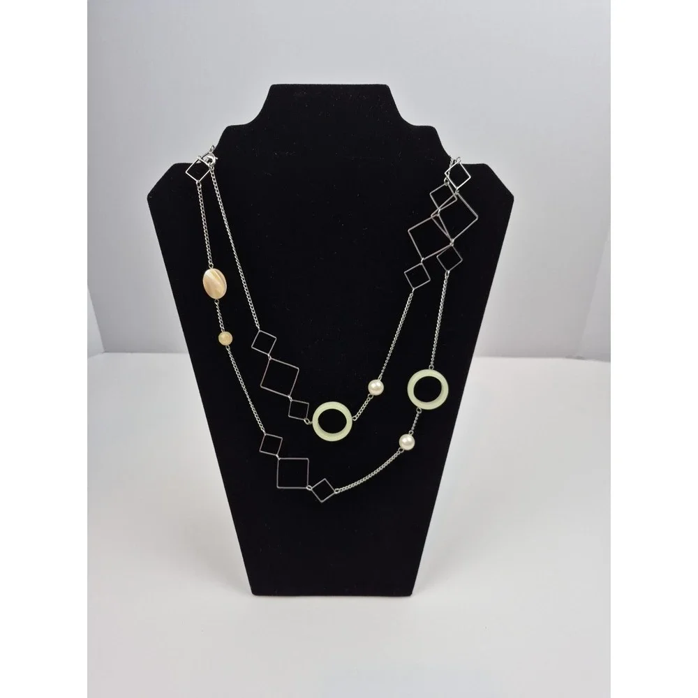 Silver Tone Women Long Necklace Geometric White Beads Jewelry Costume Statement